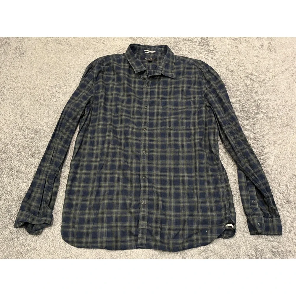 Banana Republic Shirt Mens XL Tailored Slim Fit Green Blue Plaid Pearl Snap